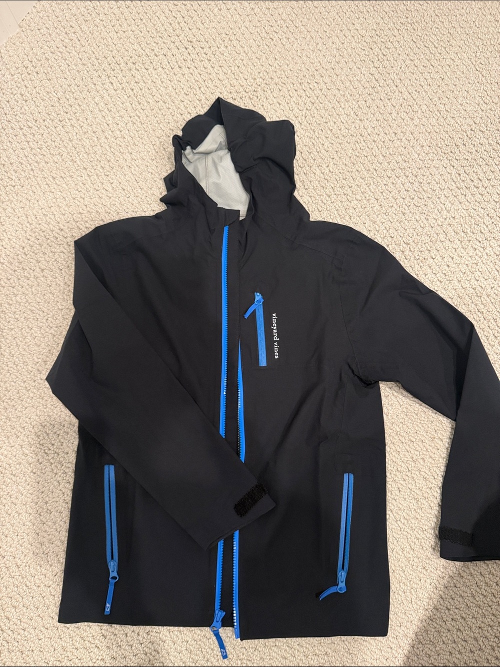 Vineyard Vines Black Raincoat with Bright Blue Zippers